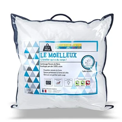 Image de Linge des Familles Oreiller Moelleux 60x60 cm Gonflant Effet Duvet Enveloppe Percale Fabrication Européenne Qualité Hôtellerie
