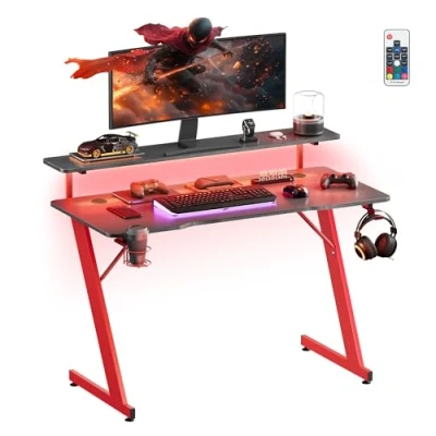 Image de SONGMICS HOME Bureau de Jeu, avec Lumière LED, en Forme Z, Support Moniteur, Porte Gobelet, Crochet pour Casque, à Domicile, Noir Carbone et Rouge Rubis LWD099B01