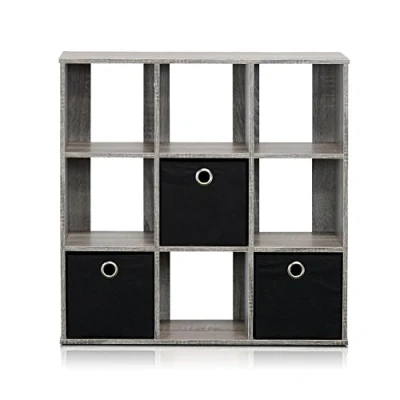 Image de Furinno Simplistic Organisateur à 9 Cubes avec Bacs, Chêne Français Gris/Noir, Bois dense, One Size