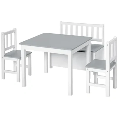 Image de HOMCOM Ensemble de Table et chaises Enfant Set 4 pièces Table, 2 chaises, Banc Coffre en 1 MDF pin Blanc Gris