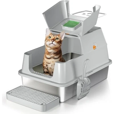 Image de XXL bac à litière pour Chat en Acier Inoxydable avec Couvercle, Grand Chat, fermé Inoxydable, 60x40x39 cm, Facile Nettoyer, n&#039;absorbe Pas Les odeurs Gris