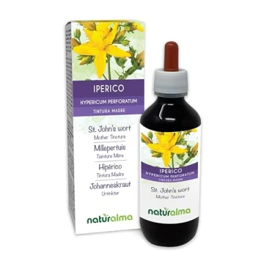 Image de Millepertuis perforé ou herbe de Saint Jean (Hypericum perforatum) avec fleurs Teinture Mère sans alcool Naturalma Extrait liquide gouttes 200 ml Complément alimentaire Végétalien végan