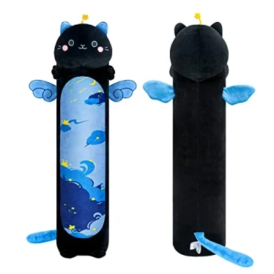 Image de Mewaii Mignon Chat en Peluche Coussin Long Oreiller d&#039;animaux Poupée Jouets Kawaii Moelleux Confort pour Cadeau Les Enfants de 3 Ans et Plus(70CM,Le Bleu)