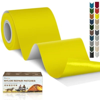Image de Patch en nylon autocollant, Cahomo 7.6x200 cm de réparation imperméable tissu autocollant reparation, pour veste, tentes, doudoune, sac couchage, sacs à dos Jaune