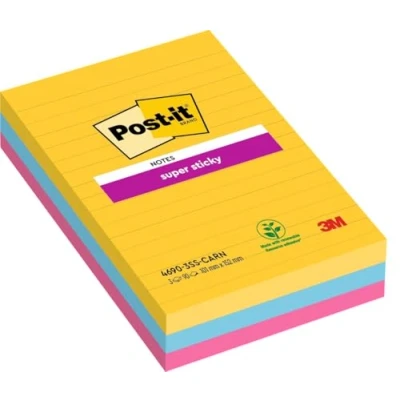 Image de Post It Notes Super Sticky Grand Format, Collection Carnival, 101 mm x 152 mm, Pack de 3 Blocs, 90 Feuilles par Bloc, Jaune, Bleu, Vert, Rose, Orange pour Prise et Listes Tâches