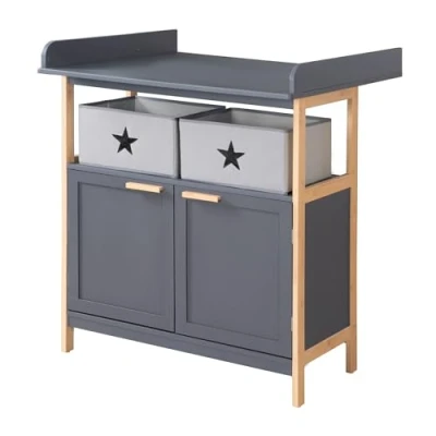 Image de roba Commode à Langer Berlin en Bois de Bambou 2 Tiroirs et 1 Compartiment Boîtes Toile Fixation Murale Incluse Plan Amovible pour Transition Simple Anthracite