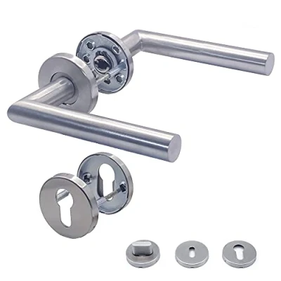 Image de APECS Poignée de porte en acier inoxydable mat pour d&#039;entrée et intérieure Garniture ronde avec rosace mat, Argenté