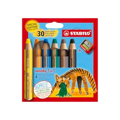 Image de STABILO crayon de couleur woody 3in1 Etui carton x 6 crayons coloriage Edition 30 ans fun Tigre + 1 taille