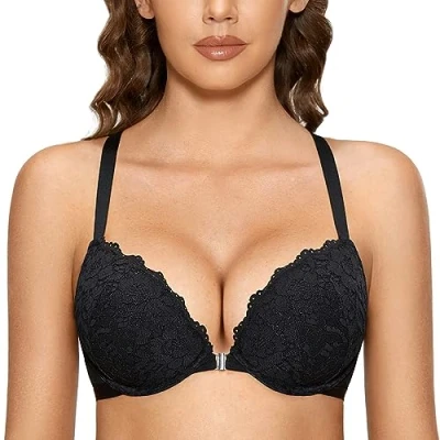 Image de DOBREVA Femme Soutien Gorge Fermeture Devant Push Up Decollete Plongeant avec Armature Dos Nageur Dentelle Noir 100E