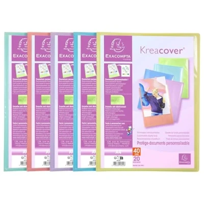 Image de Exacompta Réf. 5829E Carton de 20 Protège documents personnalisable Kreacover Pastel pochettes cristal lisse 40 vues pour A4 dim 24x32cm couverture en polypro semi rigide