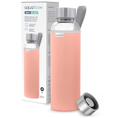 Image de Aquafloow Bouteille d&#039;eau, Brosilicate Étui en Néoprène 700 ml, Flacons d&#039;eau Verre avec Couvercle Bambou, Sans BPA Idéale pour Le Bureau, L&#039;école, La Maison Rosa