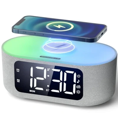 Image de LIORQUE Radio Réveil Bluetooth avec Chargement sans Fil Qi 15W, Connecté Écran LED et 5 Luminosités Réglage, Auto Dimmer, 2 Alarms, Mode Week End, Sommeil Sonore, Affichage Semaine