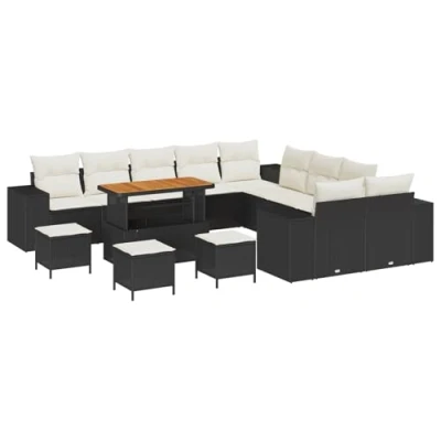 Image de Ensemble de Canapé jardin 14 Pièces avec Coussins Noir Poly Rattan Acacia, salle à manger 3362070