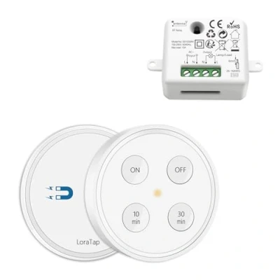 Image de LoraTap Kit Interrupteur Sans Fil, Avec Minuterie 10min 30min, Récepteur 2500W, Emetteur Radio 868Mhz, Va et Vient, Commande à Distance Mural Pour Eclairage VMC