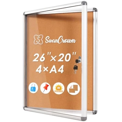 Image de Swansea Tableau d&#039;affichage en liège verrouillable, Vitrine murale avec verrou cadre aluminium, 67x50cm(4xA4)