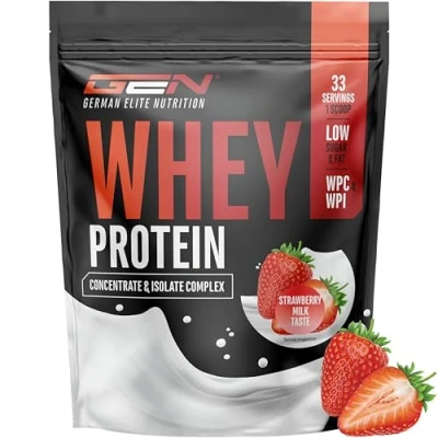Image de Whey Protein Complex 1000 g (Lait à la fraise) avec part d’isolat Protéine instantanée BCAA &amp; EAA German Elite Nutrition