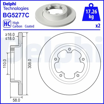 Image de DELPHI Disque de frein FORD: Transit Mk7 Van, Camion plate forme/Châssis, Minibus 308mm 18mm 5 plein BG5277C Disques
