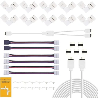 Image de REDTRON Connecteur LED, Comprend 10 Connecteurs En Forme de L, 4 Câbles Rallonge Pour Bande LED 2m, 5 Mâles Broches