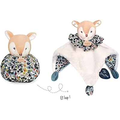 Image de Doudou et COMPAGNIE Boule Faon 3 en 1 : + Cocon = Jouet d&#039;Eveil 25 cm Bleu/Blanc Tout Doux Pour les Câlins Idée Naissance Cadeau Filles Garçons DC3930