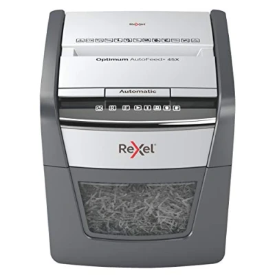 Image de Rexel Optimum 2020045XCH AutoFeed+ 45X Destructeur de documents automatique, 45 feuilles, niveau sécurité P4, coupe croisée en particules, pour la maison/le bureau, poubelle 20 l, avec prise