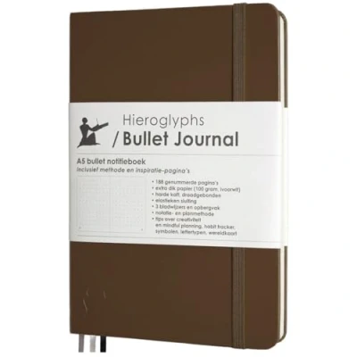 Image de Hieroglyphs Bullet Journal Carnet à pois Format A5 Avec méthode 189 pages numérotées Poche pliante 3 signets et fermeture élastique Papier 100 g/m² (marron)
