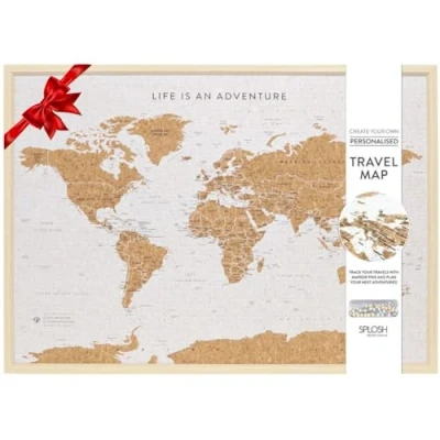 Image de Splosh Carte du monde en liège avec 100 épingles 2 couleurs pour marquer vos aventures passées et futures Cadre bois encadrée mur