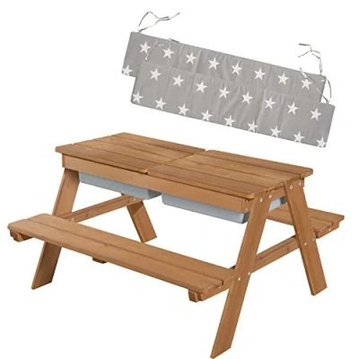 Image de roba Table Pique nique pour Enfants Play en Bois Massif avec 2 Bacs à Sable et Eau Intégrés + Coussins Résistante aux Intempéries Marron