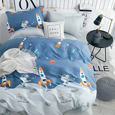 Image de Parure de lit pour enfant garçon, 135 x 200 cm, avec motif d’astronaute et fusée, 100 % coton, taie d’oreiller 80 fermeture éclair, 2 pièces, Bleu