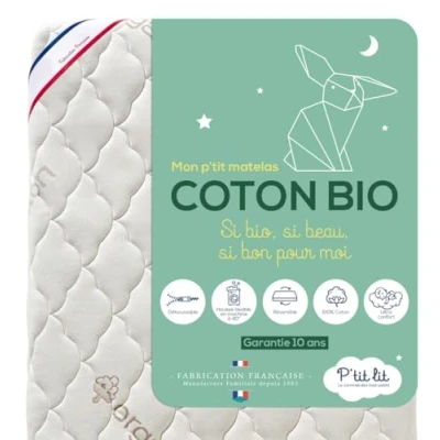 Image de P&#039;TIT LIT Matelas Bébé Coton Bio 60x120 cm 100% : matière Naturelle d&#039;origine Végétale sans Traitement Chimique Déhoussable Oeko Tex® Fabrication Française EP. 10