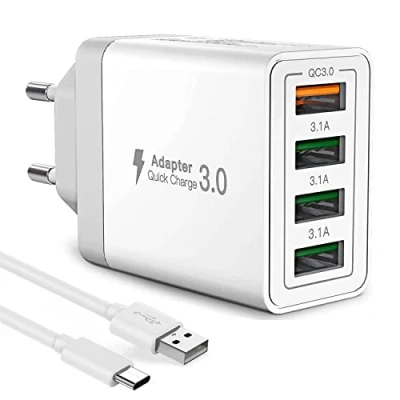 Image de Chargeur USB 4 Ports, Quick Charge 3.0 + 3 A avec câble Universel Type C, Multi Compatible téléphones, tablettes, appareils Photo, Consoles de Jeux et Autres périphériques