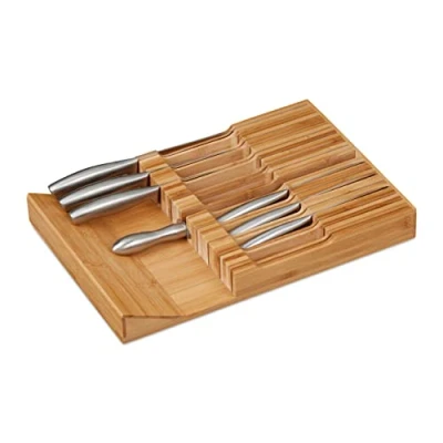 Image de Relaxdays Range ustensiles pour tiroir, 16 Couteaux &amp; aiguisoir, Rangement en Bambou, HxLxP: env. 5 x 43 29 cm, Nature