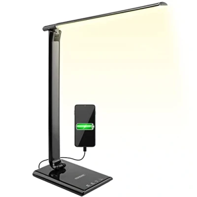 Image de lampe de bureau LED port USB 5 niveaux luminosité 3 couleurs lumière tactile blanc chaud liseuse noir