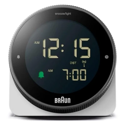 Image de Braun Réveil numérique radiocommandé pour Fuseau horaire d&#039;europe Centrale (DCF), écran LCD inversé, Lunette rotative Un réglage Rapide de l&#039;heure Alarme sonore, en Blanc, modèle BC24W DCF