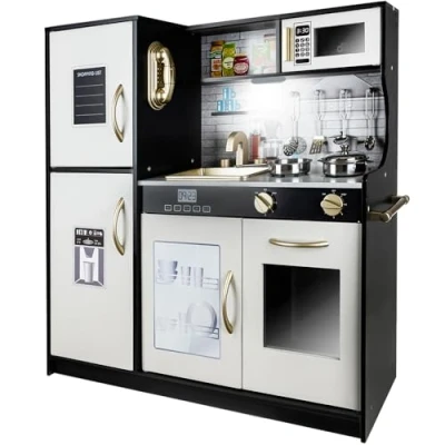 Image de Cuisine pour enfant en bois Système de clic Lumière et accessoires Boutons interactifs Évier amovible Blanc/noir 22116 Couleur : noir/noir