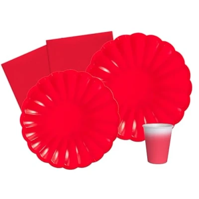 Image de Ciao Kit Table Fête Party Flower Shape 24 personnes (112 pcs: assiettes, gobelets, serviettes) en papier compostable, rouge Vaisselle papel eco friendly, Uni, AZ160