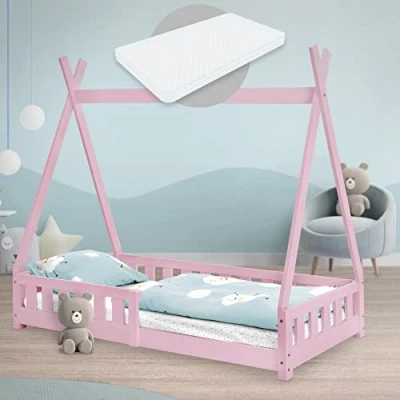 Image de ML Design Lit Enfant Tipi 80x160 cm Rose avec Matelas à Mousse Froide Polyester, Housse Amovible, Sommier Lattes, Anti Chute, Style Indien en Bois de Pin Massif, Protection Contre Les Chutes