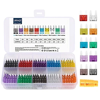 Image de URAQT 120PCS Mini Fusible de Voiture, Kit D&#039;assortiment Fusibles Lame Ensemble Camion Voiture Standard Assortis (2A/3A/5A/7.5A/10A/15A/20A/25A/30A/35A)