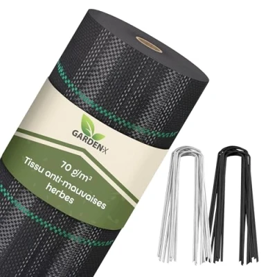 Image de GARDENIX Toile anti mauvaises herbes avec 50 ancres 110 m² (1,1 m x 100 m) Perméable à l&#039;eau 70 g/m² Noir Résistant aux UV Tissu de sol