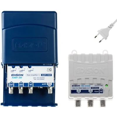 Image de EDISION MAK 300 Kit: Préamplificateur de mât Antenne TV TNT 2UHF, 1VHF/FM, 17 32db, 107dBmV, 24V, pour Numérique Terrestre DVB T/T2, avec Filtre 5G LTE + Alimentation 24V 200mA F 2 Sorties
