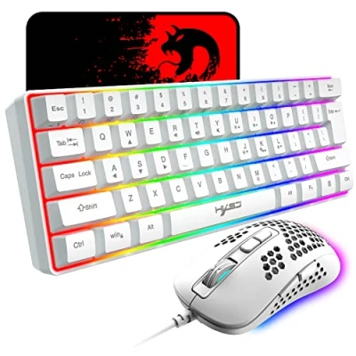 Image de KUIYN Mini Clavier de Jeu Filaire 60% Compact, 61 Touches, 11 Effets rétroéclairage RVB avec Touches complètes Anti ghosting + Souris légère 2400 dpi en nid d&#039;abeille