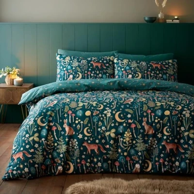 Image de Catherine Lansfield Enchanted Twilight Parure de lit Double réversible avec taies d&#039;oreiller Vert forêt