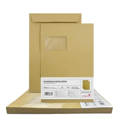 Image de Netuno 50 enveloppes d&#039;expédition marron C4 229 x 324 mm 90g grandes avec à gauche pochettes A4 fenêtre pour lettre