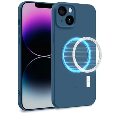Image de MyGadget Coque Silicone [ Compatible avec MagSafe ] Apple iPhone 14 Plus Case TPU Souple &amp; Soft Doublure Microfibre Cover Protection Bleu Foncé