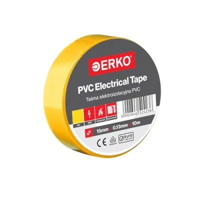 Image de ERKO Ruban adhésif isolant électrique PVC 15mm x 10m Jaune, Réparation de câbles électriques, Très flexible avec une forte adhérence, Résistant aux produits chimiques