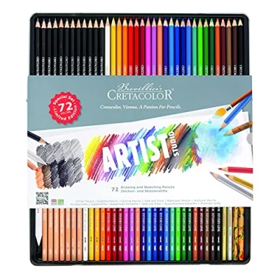 Image de CRETACOLOR Artist Studio XXL Set, 72 pièces, y compris divers crayons de couleur et graphite + 1x essuie papier, dans un étui métallique robuste