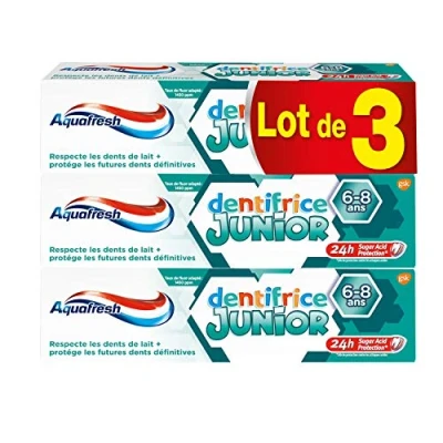 Image de Aquafresh Dentifrice Junior, Pour les Enfants Entre 6 et 8 Ans, Protege Dents En Croissance, Goût Menthe Douce, Lot de 3x75ml