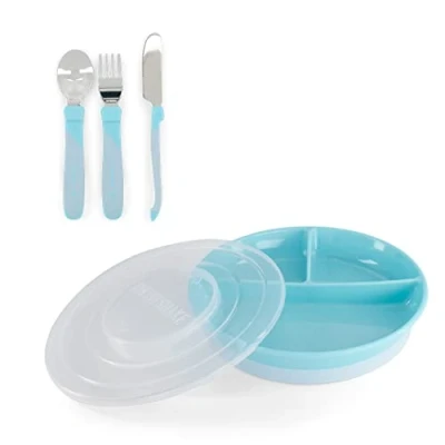 Image de Twistshake Set De Vaisselle Bébé Assiette Divisée + Couverts En Acier Inoxydable 12m+ Sans BPA Kit Formation Alimentaire Pour Enfants Bleu