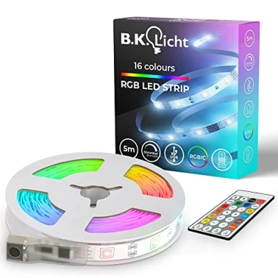 Image de B.K.Licht I USB RGBIC LED Strip 5 m Capteur de musique Music Sync Bande lumineuse Lauflicht avec changement couleur à distance autocollante