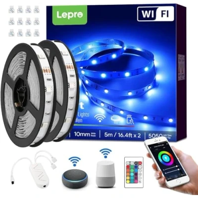 Image de Lepro Ruban LED 10M, Bande Connectée WiFi, Chambre RGB Multicolore, Commande Vocal, APP Contrôle, Compatible avec Alexa, Google Home (2x5M)