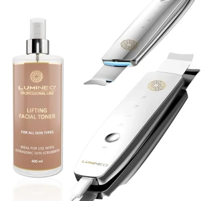 Image de Appareil de gommage à ultrasons Lumineo avec 4 fonctions : ultrasons, ions, EMS, LED, élimine les points noirs, l&#039;acné, nettoie pores, exfolie, Skin Scrubber 400ml toner (Lifting)